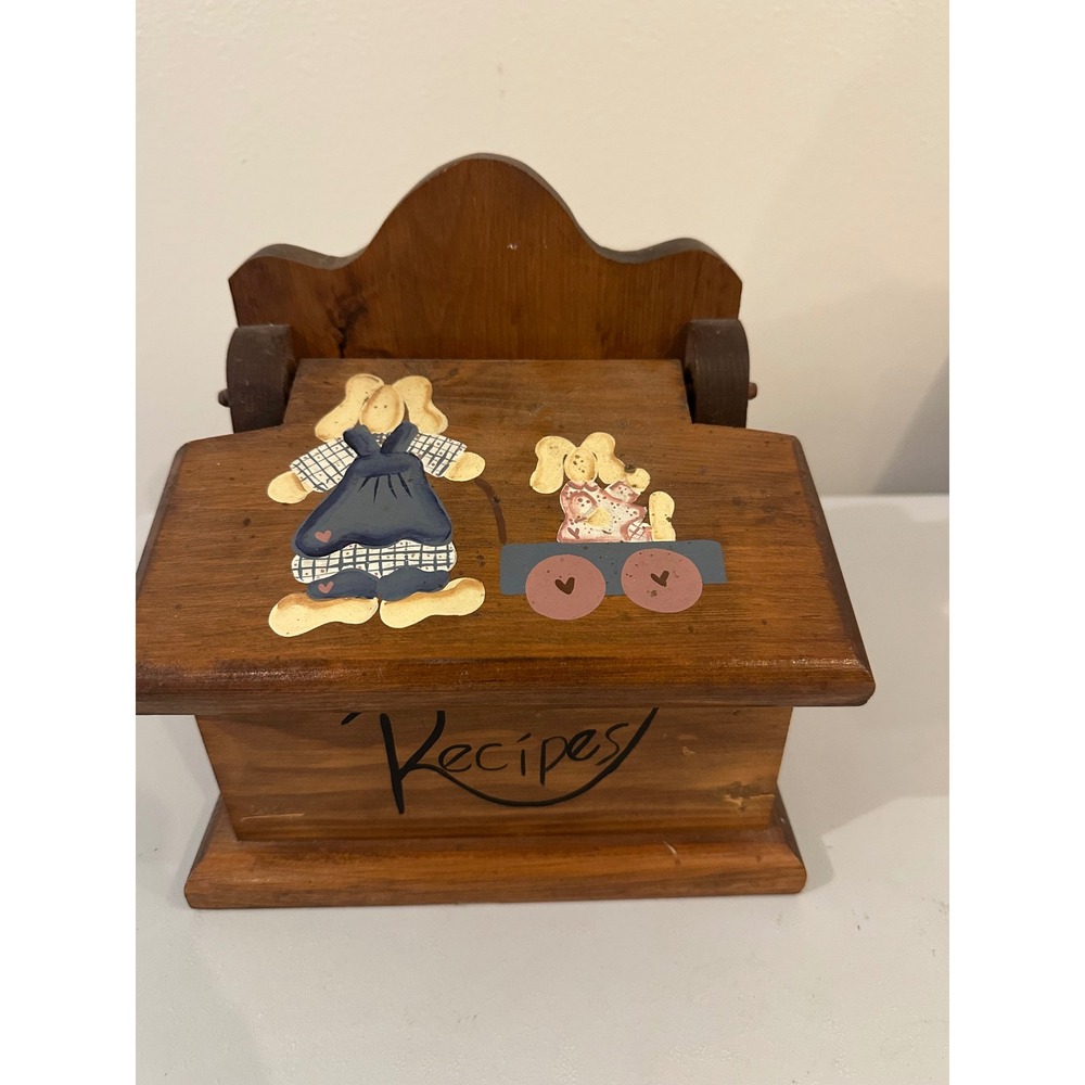 Vintage Wooden Recipe Box Hand Painted Bunny Folk Art Country Kitchen Decor